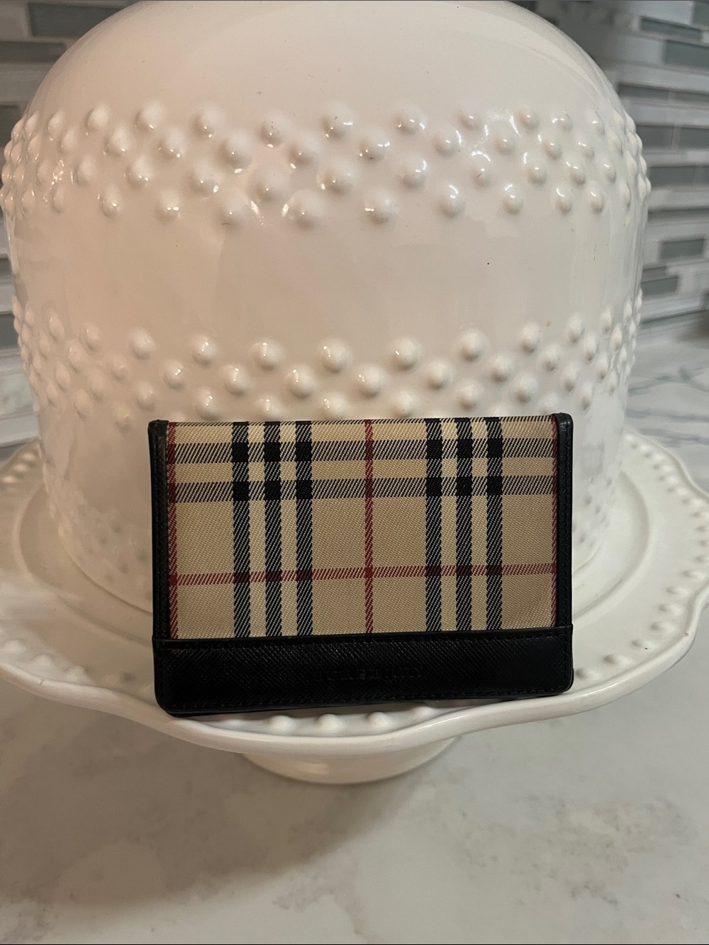Burberry Beige Plaid Card & Key Holder with Black Trim